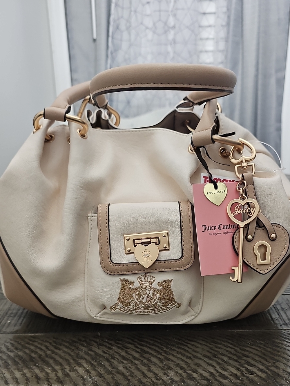 Juicy Couture Cream and Tan Leather Shoulder Bag with Gold Accents